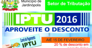 Contribuinte pode pagar IPTU, com 20% de desconto, até o dia 15 de fevereiro em parcela única.